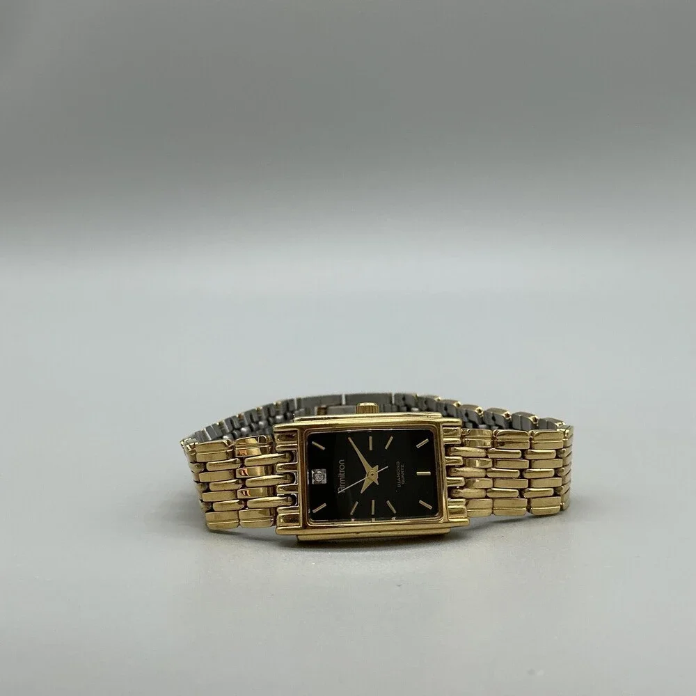 Armitron Diamond 26/5182 Womens Watch 17mm Black Gold Tone New Battery 7.25